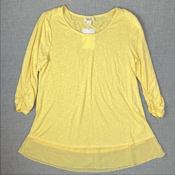 Style & Co Yellow Chiffon Trim 3/4 Sleeve Top Large - Picture 2 of 6